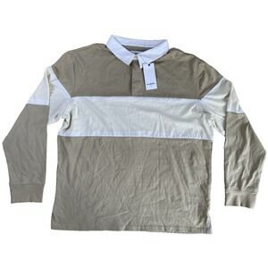 Goodfellow & Co XL X-Large Long Sleeve Rugby Polo Shirts Beige White Stripe Mens